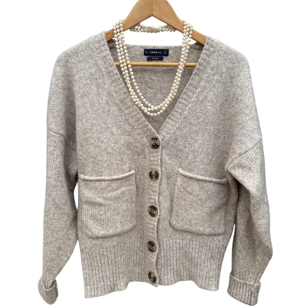 Zara Women's  Beige Merino Wool Blend Cardigan Sweater